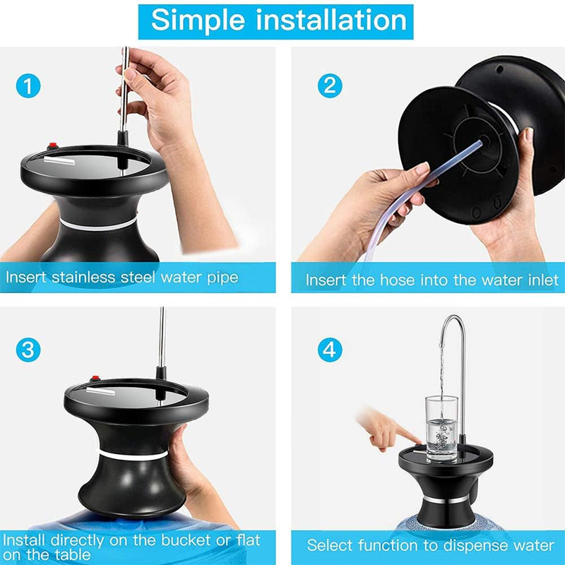 Drinking Water Dispenser Pump, Automatic Electric Drinking Water Bottle Pump for 2-5 Gallon Water Jugs, USB Rechargeable with 2 Switch Control, Stable and Portable for Home, Kitchen, Office, Camping Black