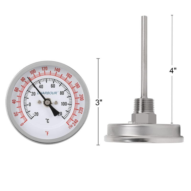 3" Dial Fully Stainless Steel Thermometer for Pot, Kettle, Brewing Bimetal, 4" Stainless Steel Stem, 0-250 deg F/-20-120 deg C, Accuracy +/-1%, Adjustable, 1/2" NPT Back Mount… 0-250°F / 4Stem( 3") - NewNest Australia