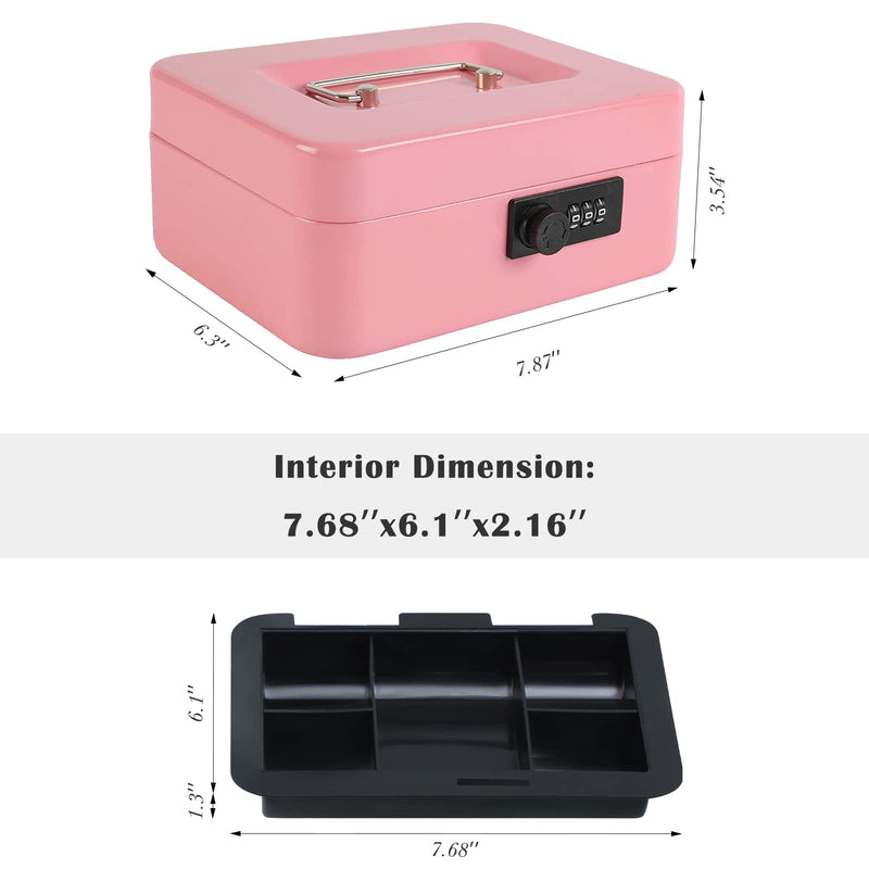 xydled Steel Cash Box Safe with Combination Lock,Money Safe Box with Removable Coin Tray,Medium,7.87"x 6.30"x 3.54",Pink Pink Medium