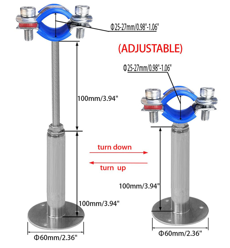 Wall Mount Ceiling Mount Pipe Supports,Adjustable Pipe Clamps Stainless Steel 304,2PCS Suitable for Pipe OD 25-27mm （3/4" Pipe）Adjustable Height 100-200mm Adjustable Height 100-200mm