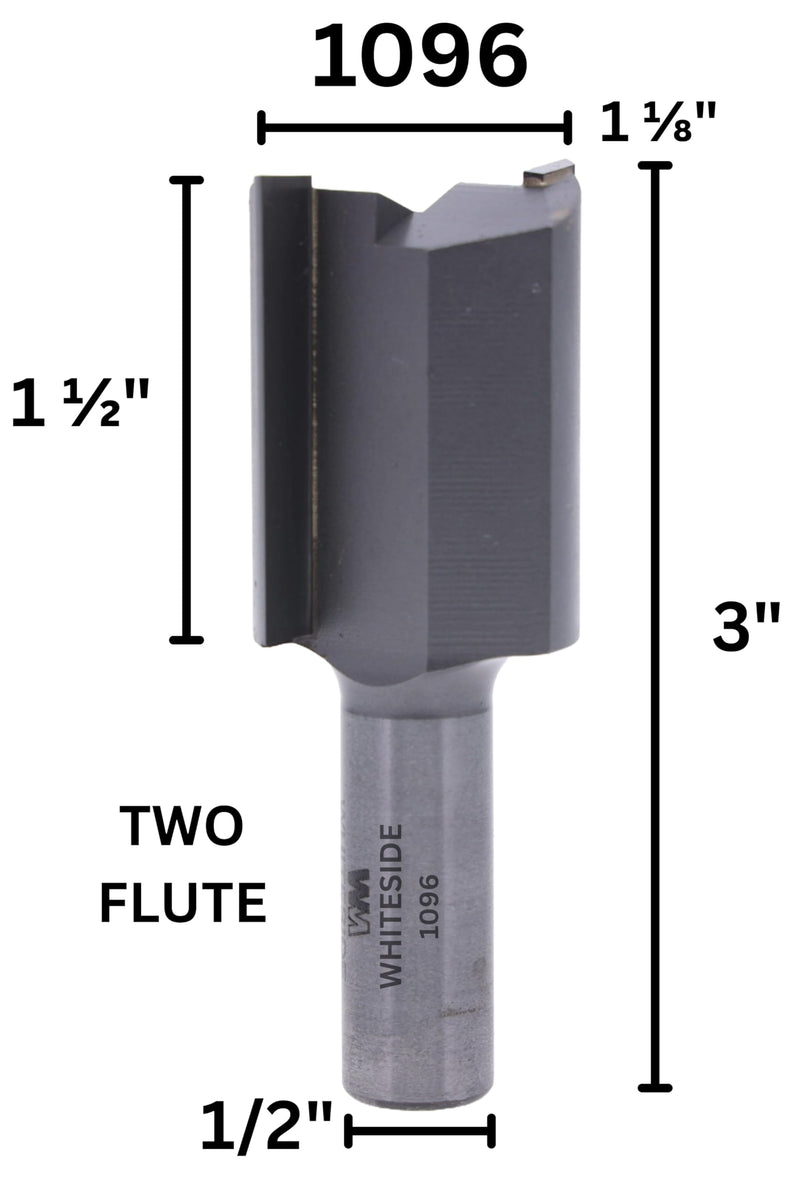 WHITESIDE MACHINE #1096 CARBIDE-TIP 2 FLUTE STRAIGHT ROUTER BIT 1-1/8 DIA X 1-1/2" CL X 1/2" SHANK