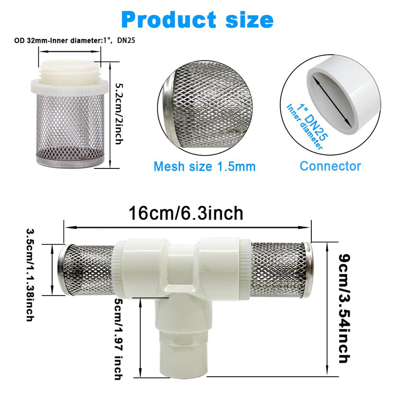 1" T Strainers Steel Filter Cover Connected to 1" PVC DN25 Water Pipe, Suction Hose 1 inch T Strainer Used to Remove Debris and Reduce Solid Entry 1"DN25