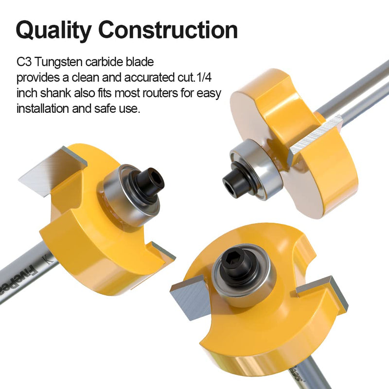 Fivepears 1/4 Inch Shank Rabbet Router Bit with 6 Bearings Set, Rabbeting Router Bit can Interchangeable and Adjustable Multi Depths Cutter 1/8", 1/4", 5/16", 3/8", 7/16", 1/2" … 1-3/8" Dia - 1/2" CL