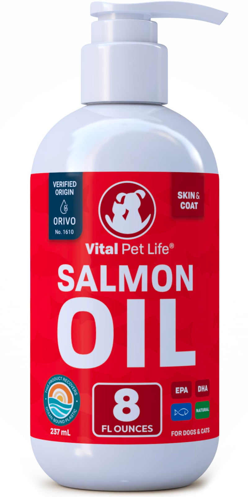 Salmon Oil for Dogs & Cats - Healthy Skin & Coat, Fish Oil, Omega 3 EPA DHA, Liquid Food Supplement for Pets, All Natural, Supports Joint & Bone Health, Natural Allergy & Inflammation Defense, 8 oz 8 Ounce Salmon Oil