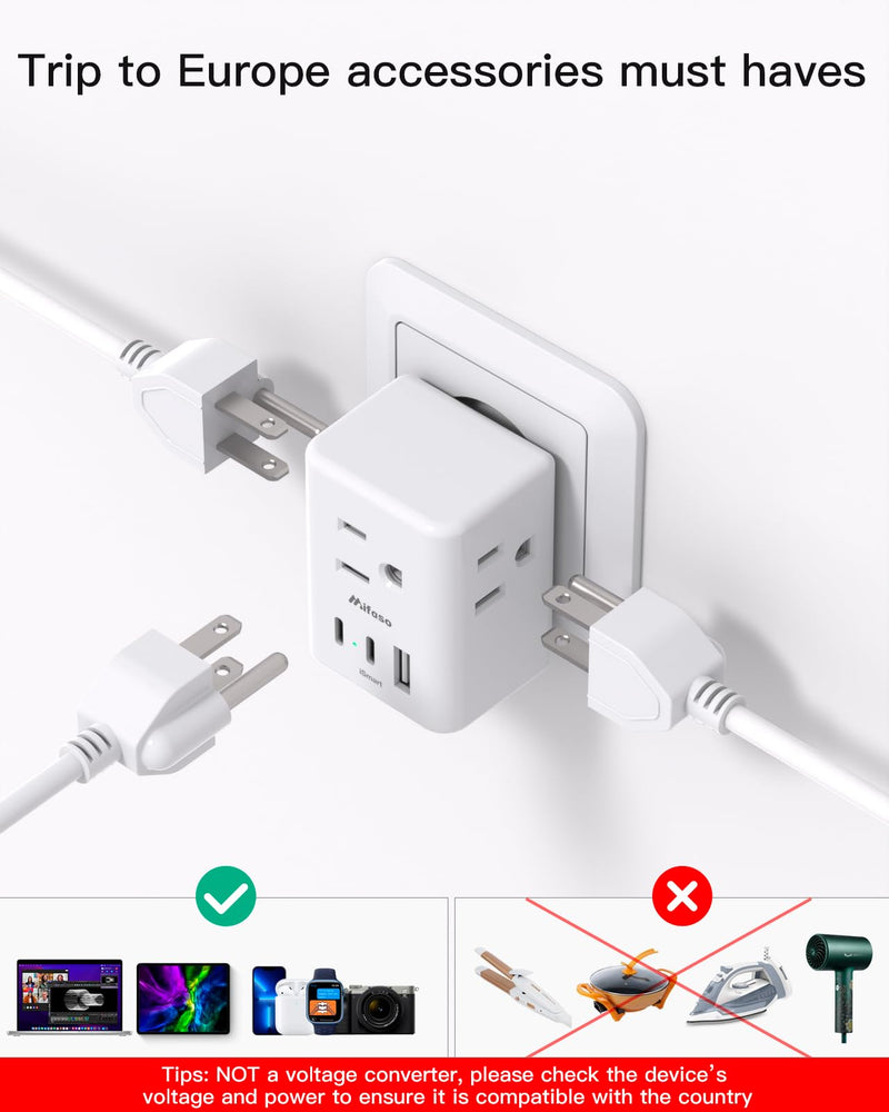 2 Pack European Travel Plug Adapter, International Power Plug Adapter with 3 Outlets 3 USB Charging Ports(2 USB C), Type C Plug Adapter Travel Essentials to Most Europe EU Spain Italy France Germany Type C Most of Europe - 2 PACK