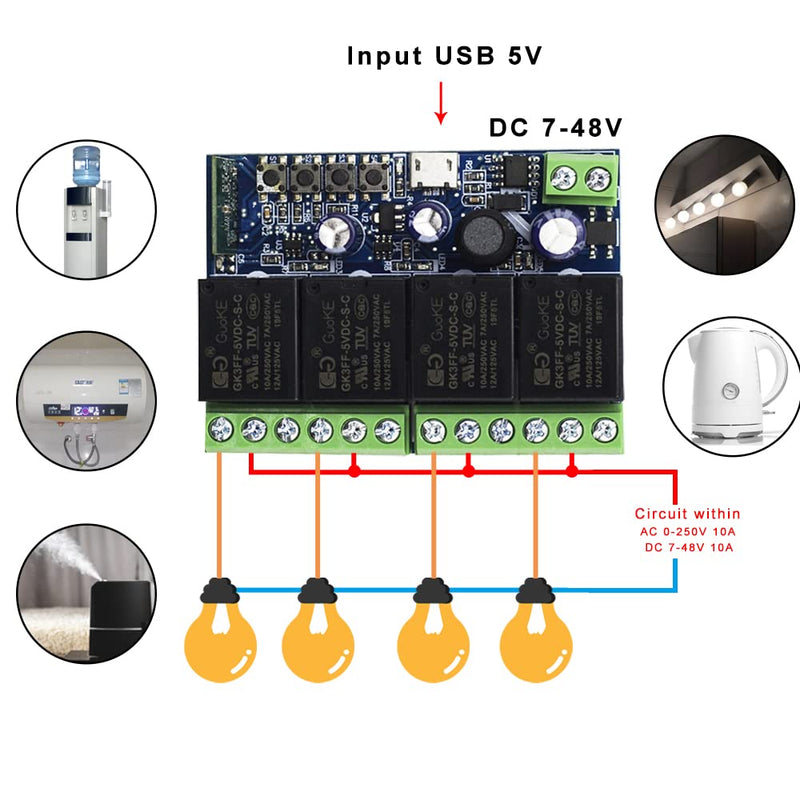 Ewelink WiFi Wireless Smart Relay Module USB 5v 4 Channel Inching Self-Lock Latched Dry Contact Remote Toggle Switch for Access Control, Garage Door,Home Automation, Compatible with Alexa Google Home 1 x 4-Channel + Transmitter