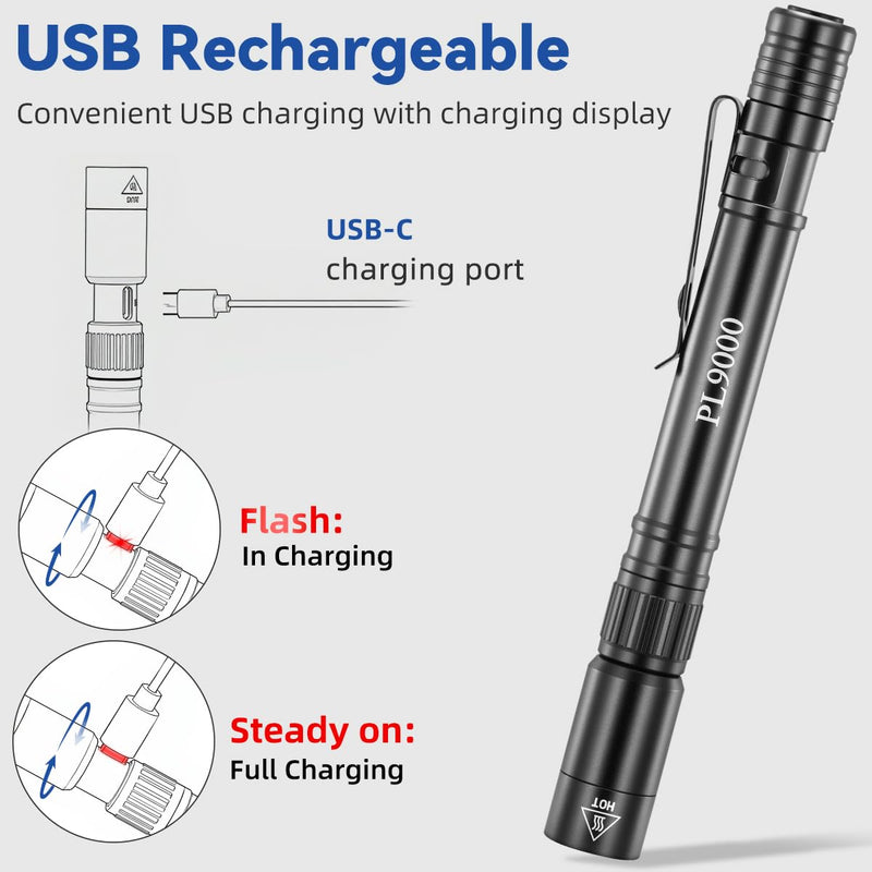 2Pack Pen Flashlight Rechargeable PL9000, 5Mode Bright Pen Light Flashlight High Lumens, Waterproof Pocket Flashlights, EDC Adjustable Tactical Flash Light, LED Small Lights with Clip for Emergencies 2Pack