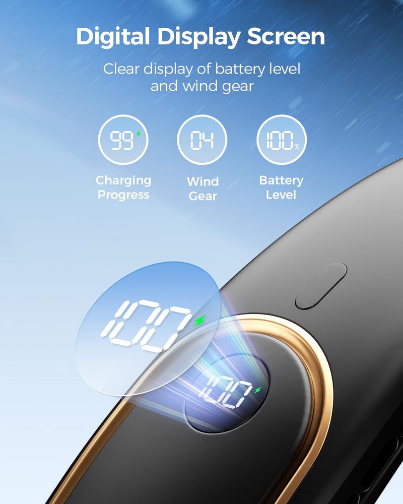 Portable Neck Fan - 5000mAh Rechargeable Hands-Free Wearable Fan | 4 Speeds, Bladeless & LED Display | Personal Cooling Fan for Travel, Outdoors, Camping - Black
