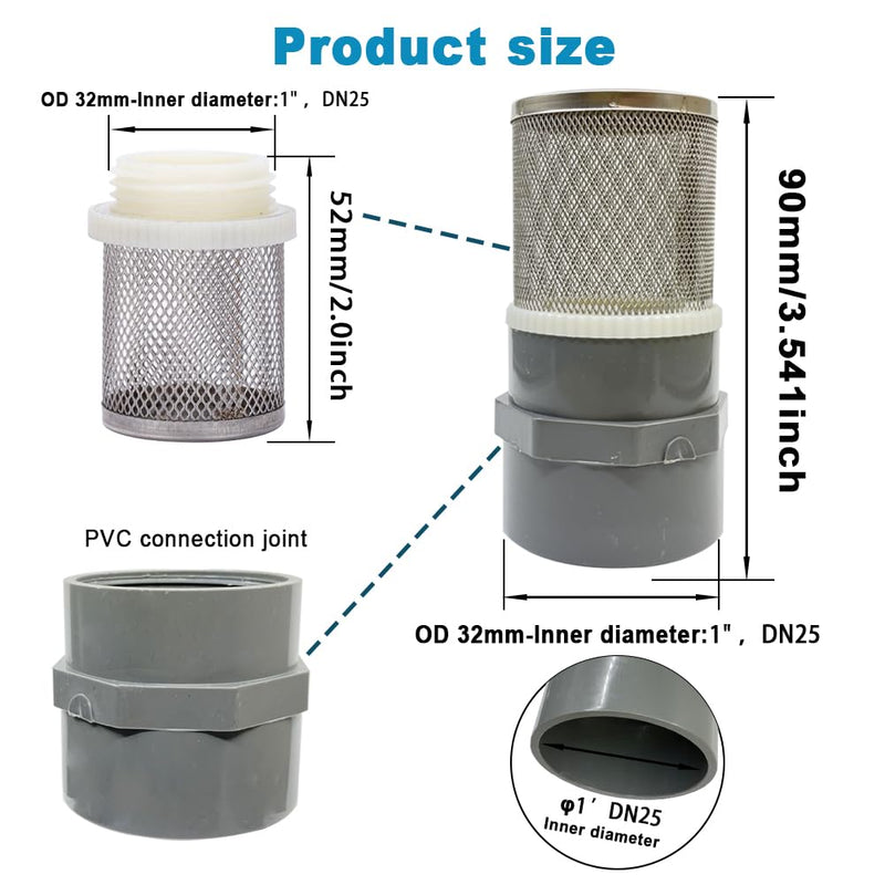1 inch Stainless Steel Filter Cover Connected to 1 inch/DN25 Grey PVC Filter Water Pipe, Vent Cap Suction Strainers Used to Remove Debris and Reduce Solid Entry(1pcs) 1"DN25