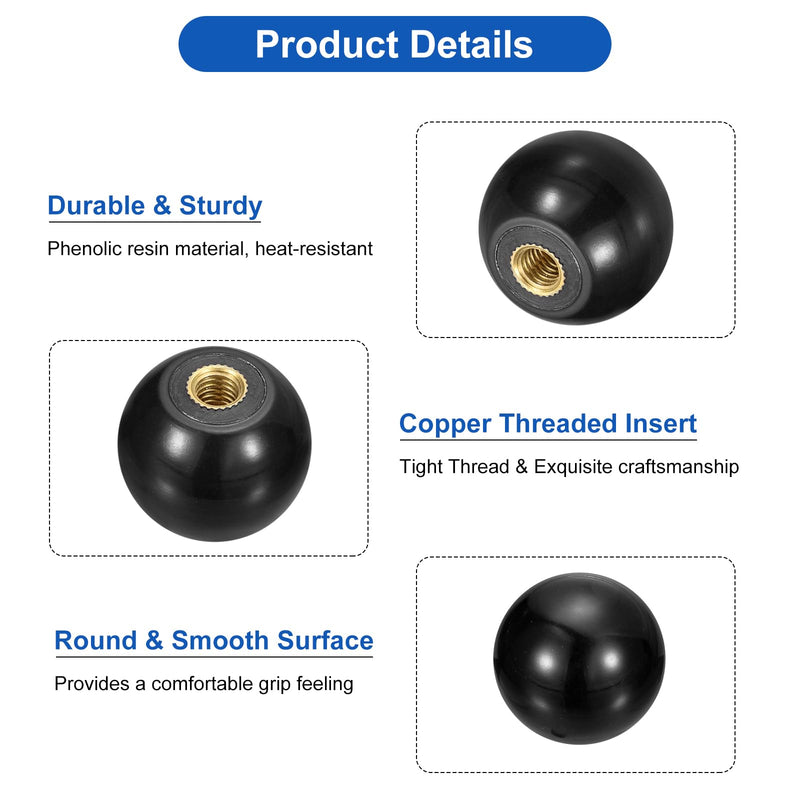 uxcell 2Pcs Threaded Ball Knobs, M6 Female Thread Thermoset Ball Knob 25mm Dia Round Operation Ball Handles with Copper Insert for Machine Lever Handle, Black M6x25mm
