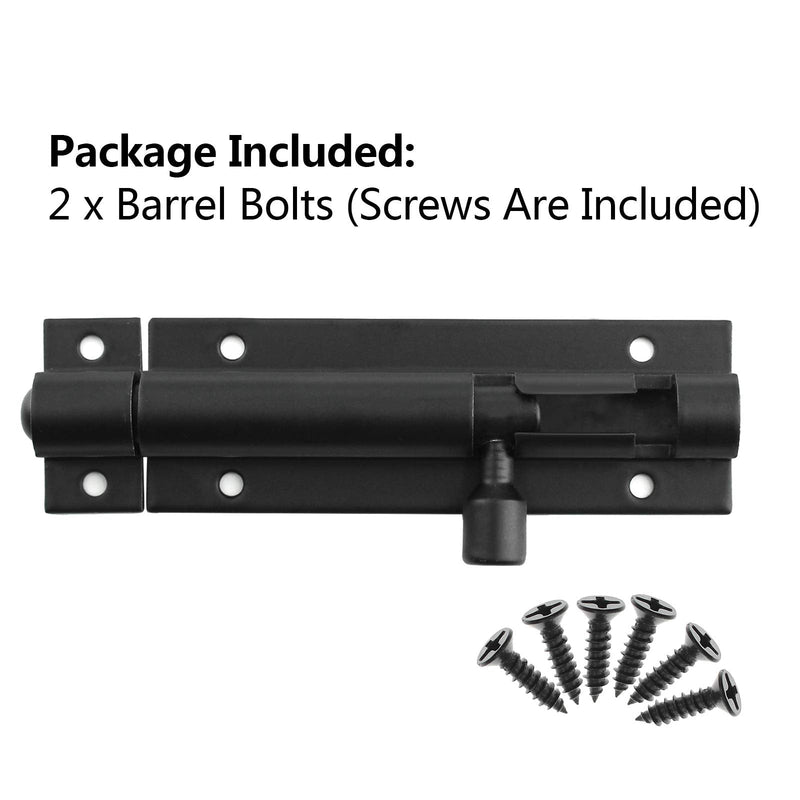 BokWin 2Pcs 3 Inch Door Latch Lock Slide Bolt, Solid Aluminium Thickened 1.3mm Door Barrel Bolts Latches, Security Sliding Latch Lock with 12 Screws (Matte Black Finished) 3 Inch(2 pcs)