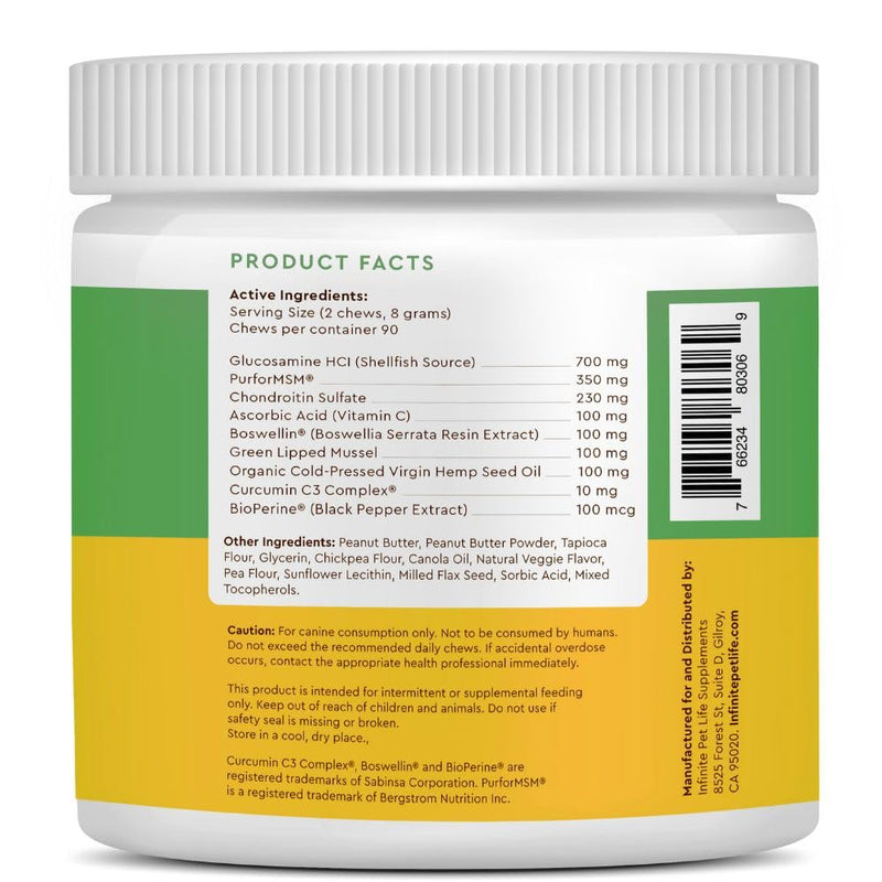 Infinite Pet Life Ultimate Hip & Joint Chews for Dogs – Peanut Butter Flavor – Glucosamine, Chondroitin, MSM & Turmeric – Advanced Joint Support for Dogs 90 Soft Chews