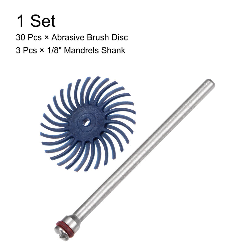 HARFINGTON 30pcs Radial Bristle Disc Set 1" 120 Grit Detail Abrasive Brush Kit Gap Polishing Wheel Assortment with 1/8" Mandrels Shank for Jewelry Wood Metal Polishing Cleaning, Blue