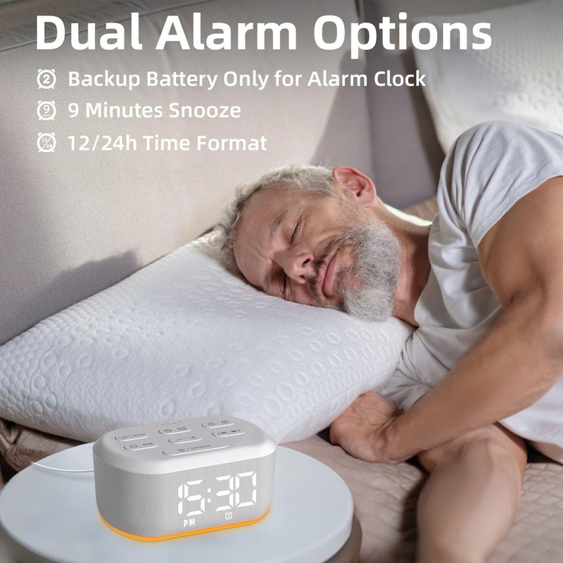 Small Digital Alarm Clock for Bedrooms Sound Machine with 30 Soothing Sound Plug in Desk Clock with Night Light Noise Machine Battery Backup 15 Wake up Sound Clock for Teen Kid Heavy Sleeper Snooze White