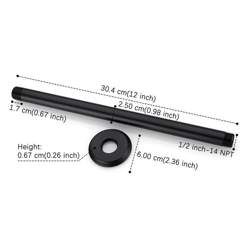12 Inch Shower Arm and Flange Matte Black, Ceiling Mounted Shower Arm for Rain Shower Head 12 Inches