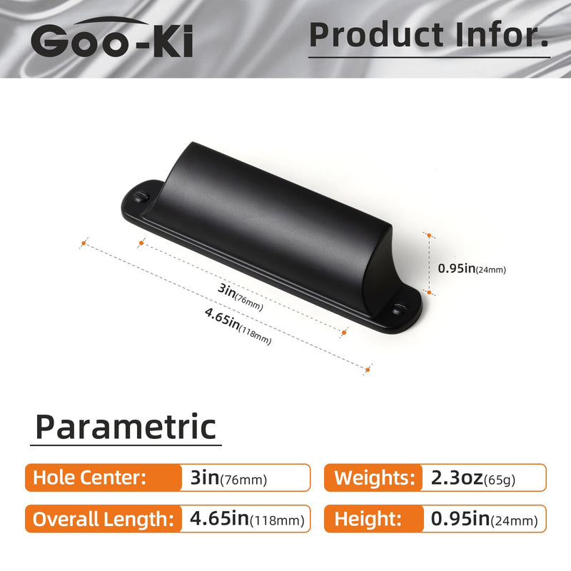 Goo-Ki 6 Pack Cabinet Cup Pulls Matte Black Bin Cup Drawer Pull, 3" c-c Modern Black Cabinet Pulls Solid Dresser Handles Zinc Alloy Kitchen Cabinet Hardware 3 Inches Center-Center