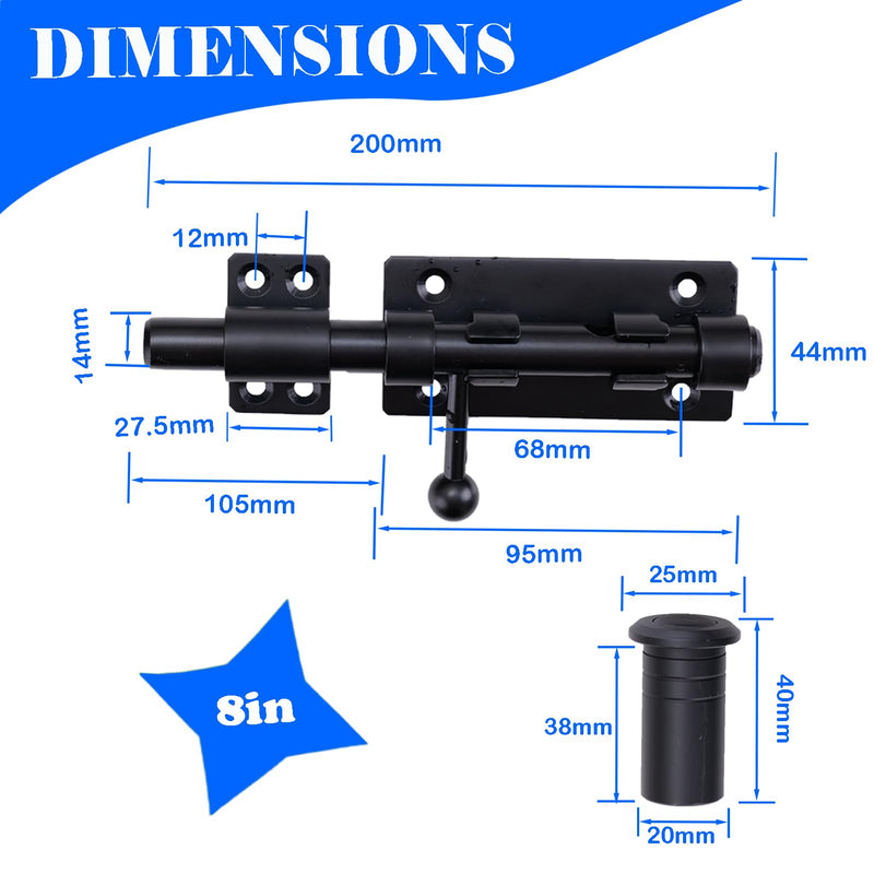 Barrel Bolt Latch, 8" Heavy Duty Gate Latch Slide Lock Solid 304 Stainless Steel Bolt Lock for Inside Door, Black Finished Shed Door Latch(1 Pack) 8 Inches