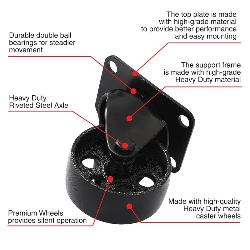 FactorDuty 4 All Black Metal Swivel Plate Caster Wheels w/Brake Lock Heavy Duty High-gauge Steel (3" Combo) 3" Combo