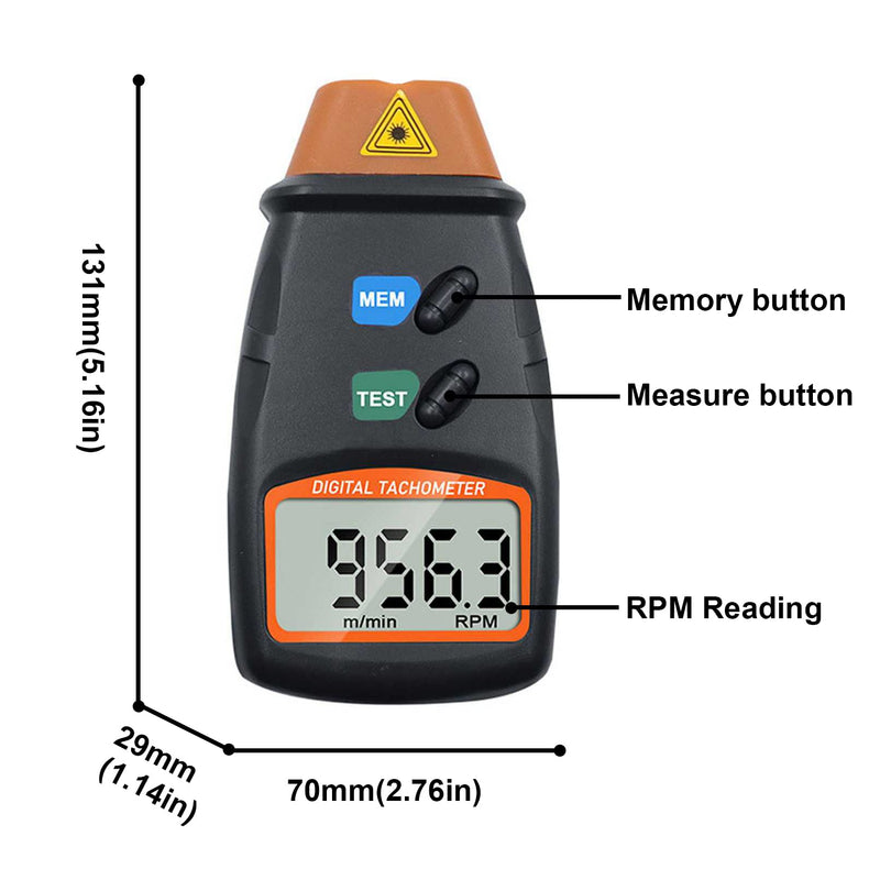 Digital Tachometer, Non Contact Laser Photo Tach 2.5-99999 RPM Rotation Speed Meter Gauge Measurement with Reflective Tape (9V Battery Included)