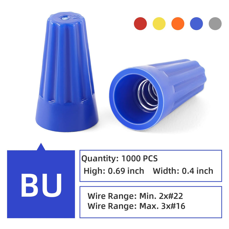 1000 Pcs Blue Wire Connector Nuts, Insulating Insert Twist Electrical Connectors Wire Caps for Quick Connection (AWG 22-14) Blue(AWG 22-14)