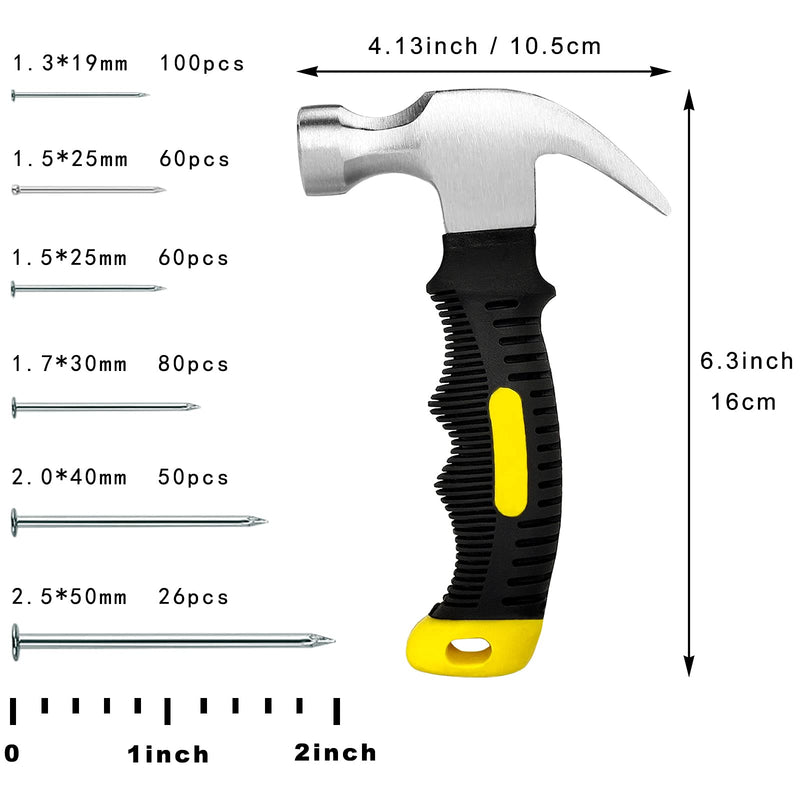 376pcs Hardware Nails Assortment Kit and 8oz Small Claw Hammer,Mini Hammer with Anti-Slip Handle,Nails for Hanging Pictures,Maximum Length 2 Inches Nails,Finishing Nails for Household and DIY