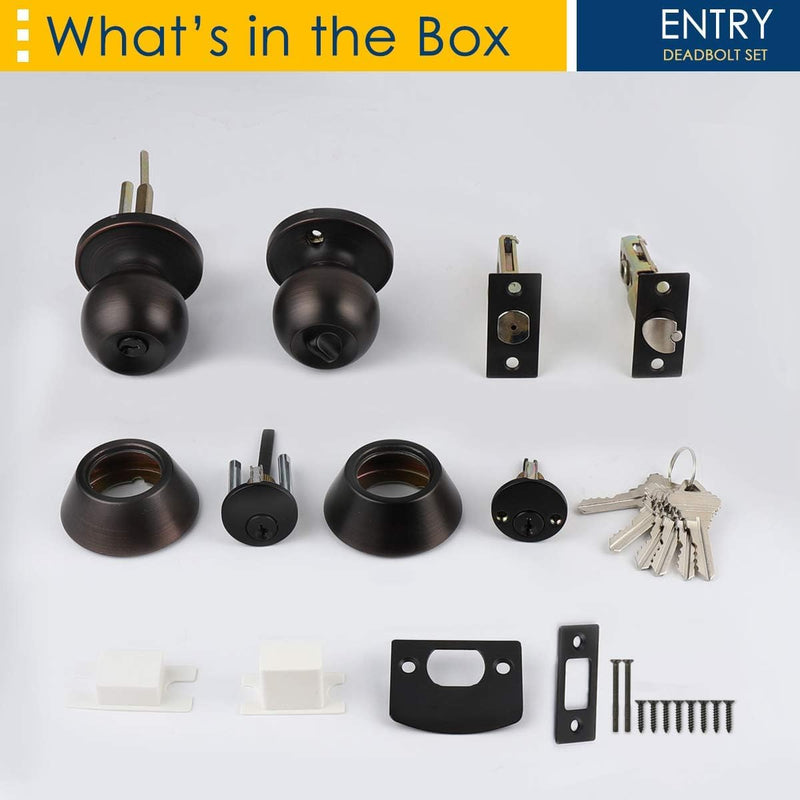 2 Pack Exterior Door Knob and Deadbolt Set, Oil Rubbed Bronze Entry Door Lock Sets with Double Cylinder Deadbolt, Security Round Style Entry Door Knobs Deadbolt 2
