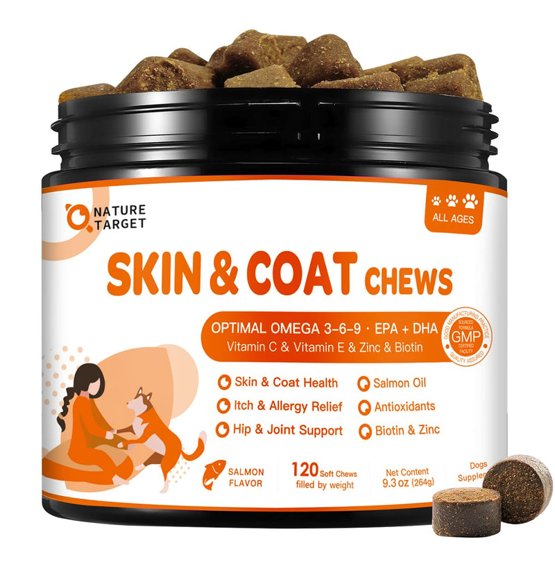 NATURE TARGET Omega 3 Fish Oil for Dogs, Salmon Oil Skin and Coat Supplement for Dogs Itchy Skin Relief with Omega 3-6-9 (EPA & DHA), Zinc, Biotin and Vitamin E & C - 120 Salmon Flavored Soft Chews 120 Chews