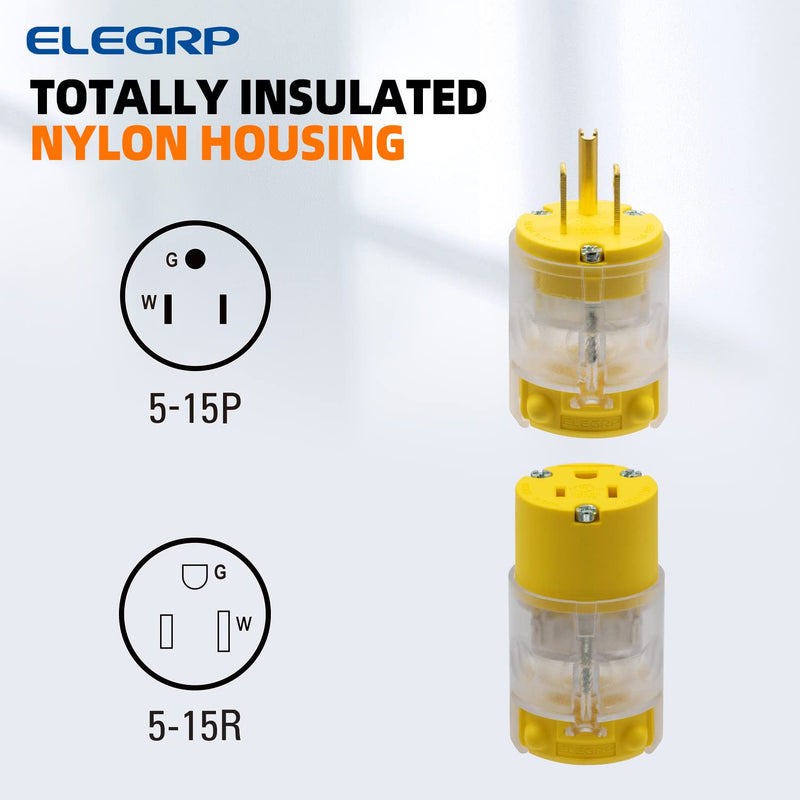 ELEGRP Lighted Straight Blade Electrical Plug and Connector Set 15 Amp 125 Volt NEMA 5-15P NEMA 5-15R 2 Pole 3 Wire Grounding, Commercial Grade, Yellow, 5 Set Plug & Connector Set