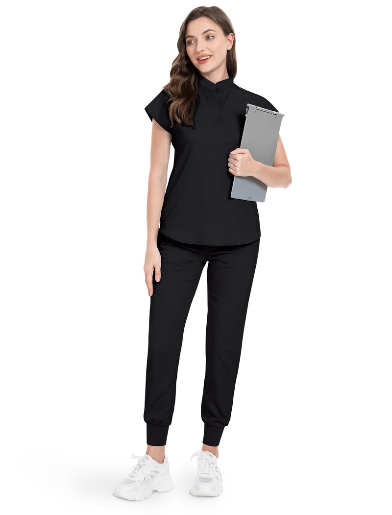 niaahinn Scrubs Set for Women Nurse Uniform Jogger Suit Stretch Top & Pants with Multi Pocket for Nurse Esthetician Workwear Black Large