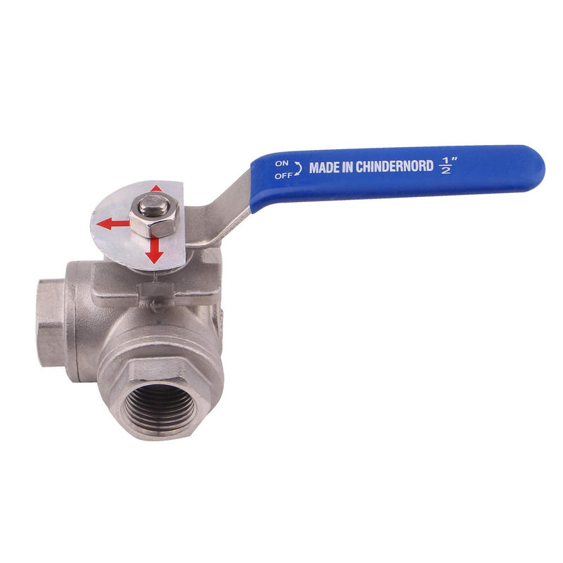 DERNORD 3-Way Ball Valve, T Mounting Pad, Stainless Steel 304 Female Type with Vinyl Locking Handle (1/2 Inch NPT) 1/2 Inch NPT