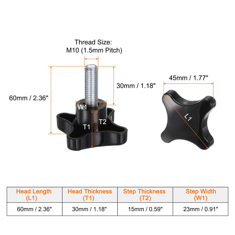 HARFINGTON 2pcs Star Knobs M10 x 30mm Male Thread Plastic 4-Star Stud Knob Hand Tightening Clamping Screw Replacement Threaded Handle, Black