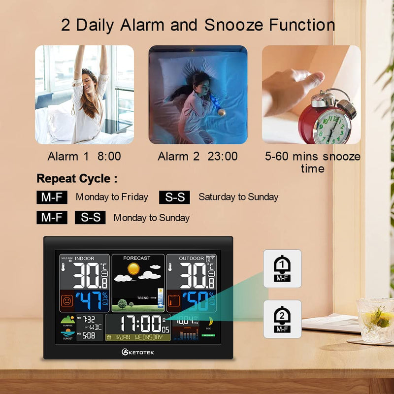 Wireless Weather Station with Outfdoor Sensor 8.8'' LCD Digital Thermometer Hygrometer,WWVB Radio Alarm Clock,Barometer,Weather Forecast,City Sunrise Sunset Time,Calender,Moon Phase with white sensor