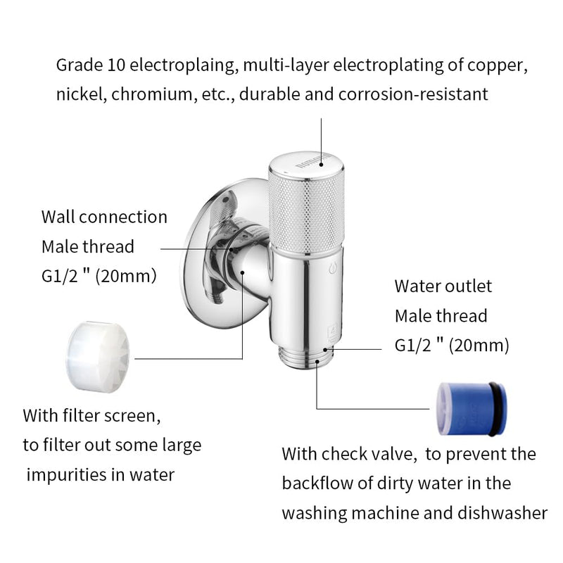 Brass Angle Valve G1/2" xG1/2", Metal Water Valve with Ultrathin Design for Use in Narrow Spaces,Wall Mounted Chrome Plating Valve for Basin Kitchen, Flush Toilet (Chrome)