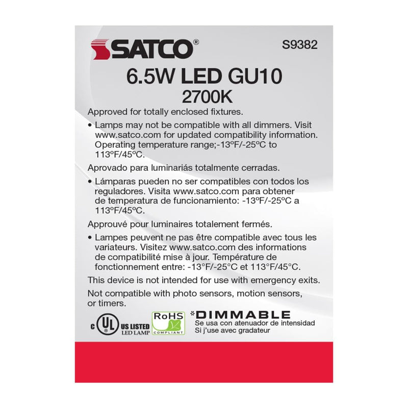 Satco S9382-6.5 Watt MR16 LED Reflector Light Bulb; 2700K Warm White; 500 Lumen; 40 Deg. Beam Angle; GU10 Bi-Pin Base; Dimmable, 120 Volt (6 Bulbs)