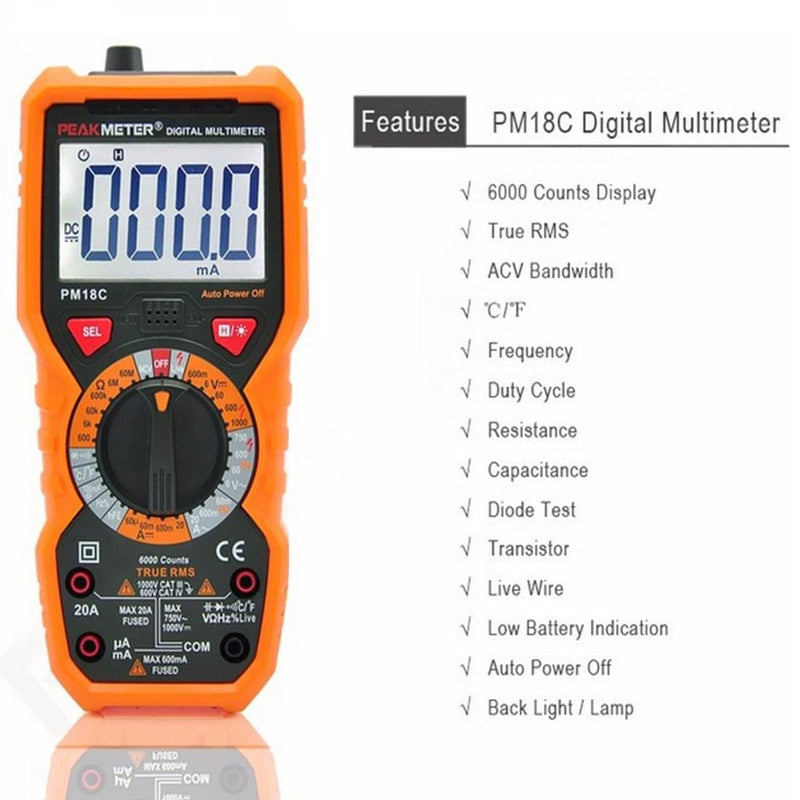 PM18C High Performance Digital Multimeter with AC/DC Voltage, Current Measurement Electrical Tester with 6000 Counts Orange Cover