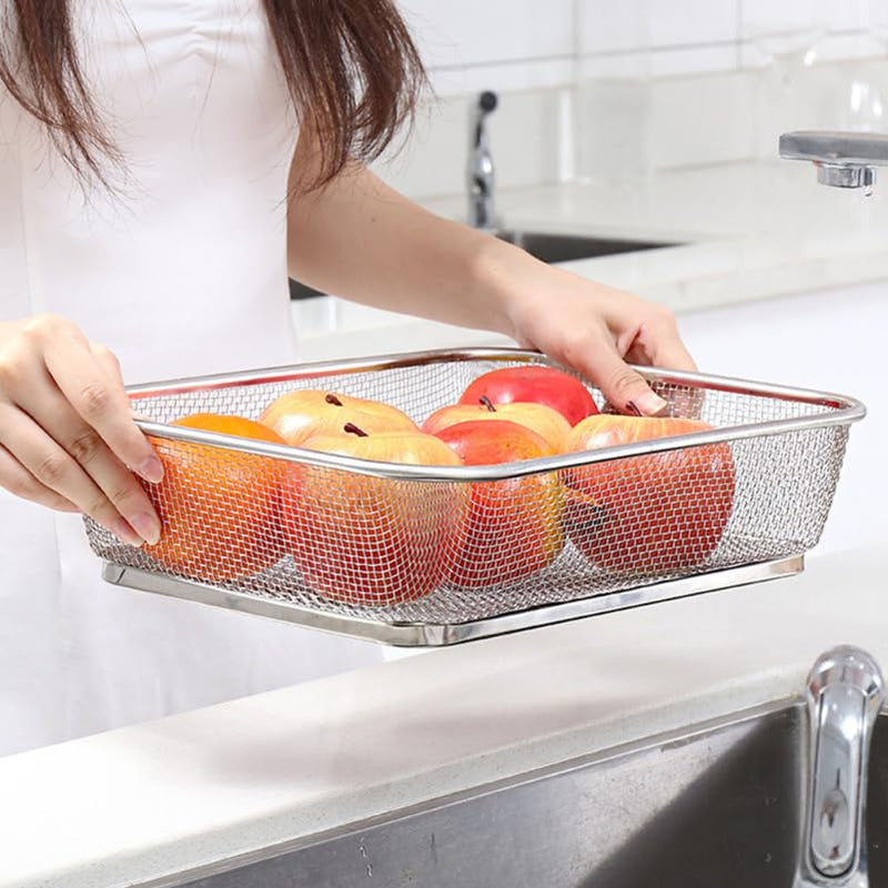 Cabilock Stainless Steel Drain Basket 13.38 X 9.84 X 3.14 Inch Fine Mesh Vegetable Fruit Strainer Kitchen Sink Colander for Food Rinsing and Draining