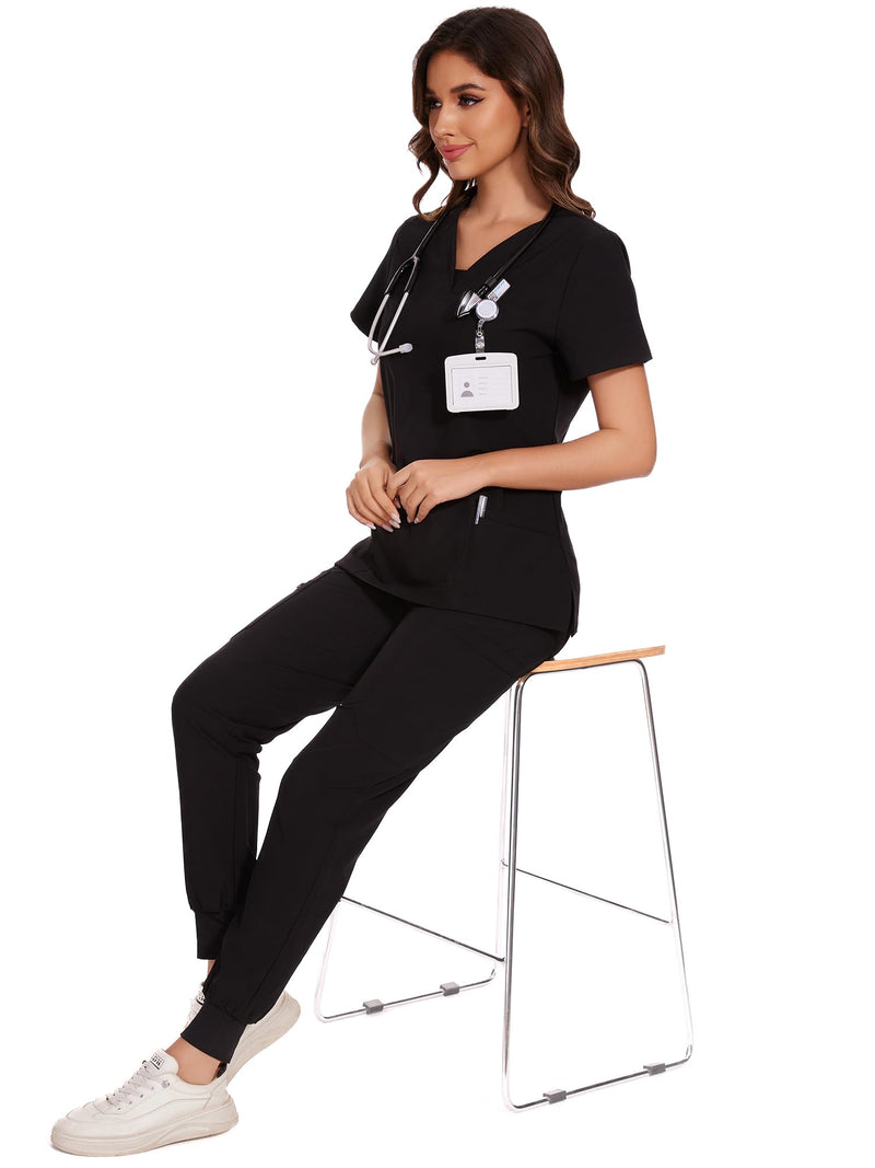 COZYFIT Scrubs for Women - V-Neck Top & Cargo Pants Scrubs Set with 10 Pockets Black Medium
