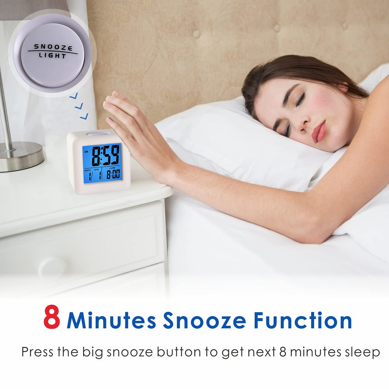 Plumeet Easy to Set Digital Travel Alarm Clock, Snooze Function, Soft Night Light, Large Screen time and Month and Date Display and Alarm, Progressive Sound Alarm and Handy Size (White) White