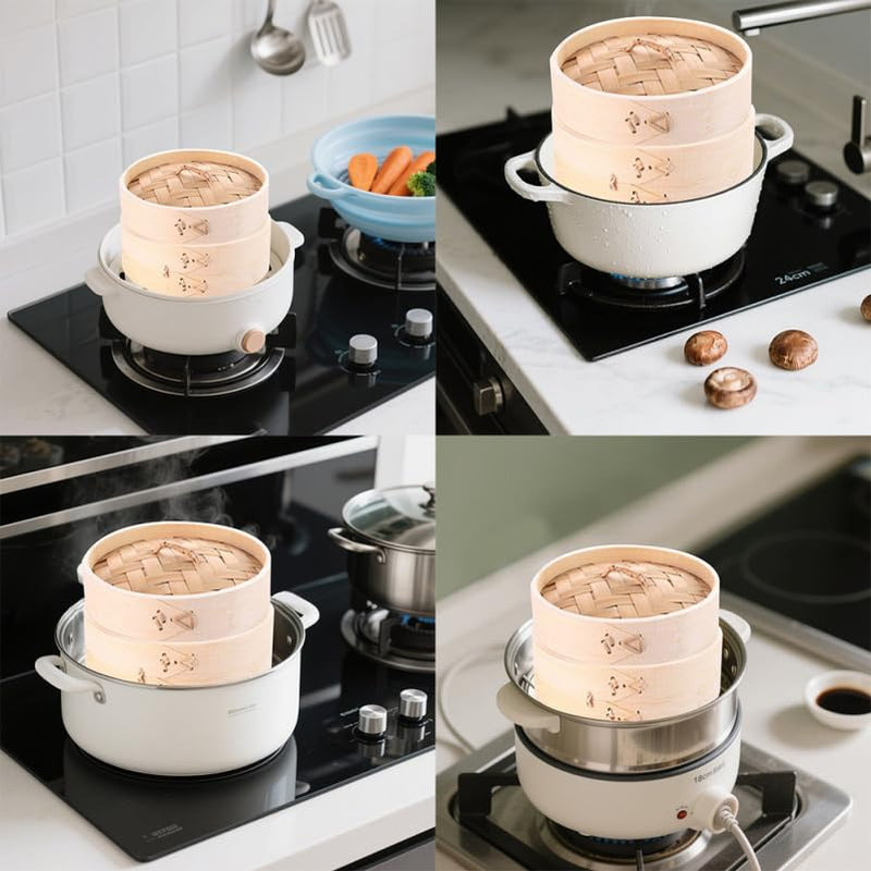 OUNONA Bamboo Steamer with Lid 5.11 Inch Round Kitchen Food Steamer Basket for Cooking Dim Sum Seafood Vegetables and Dumplings Natural Material Steaming Tool for Home Use 13X13X9.8CM