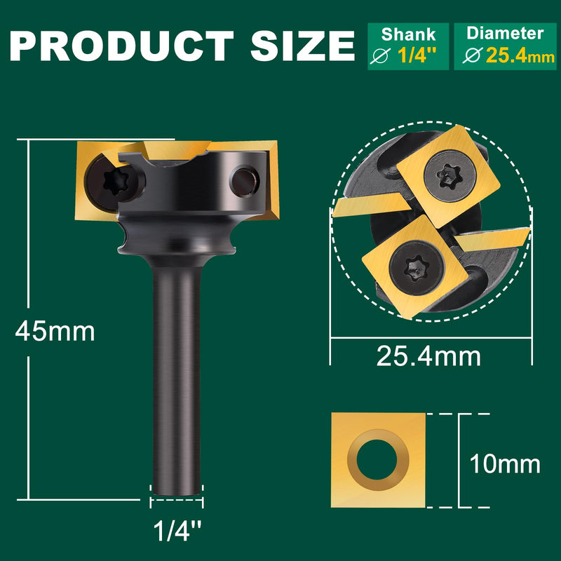 Slab Flattening Router Bit 1/4 inch Shank, 1'' Cutting Diameter | Spoilboard Surfacing Router Bit with Titanium Coated Carbide Insert CNC Router Bits Woodworking Tools 1/4" Shank-1" Cut Dia. (2+2 Inserts) TiN
