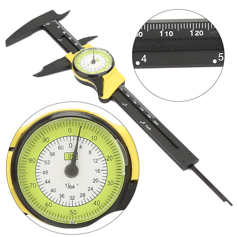 6 Inch Vernier Dial Caliper, 0-150mm Plastic Dial Caliper Vernier Caliper Gauge DIY Tools 0.1mm Read Value Imperial Standard(Yellow (English))