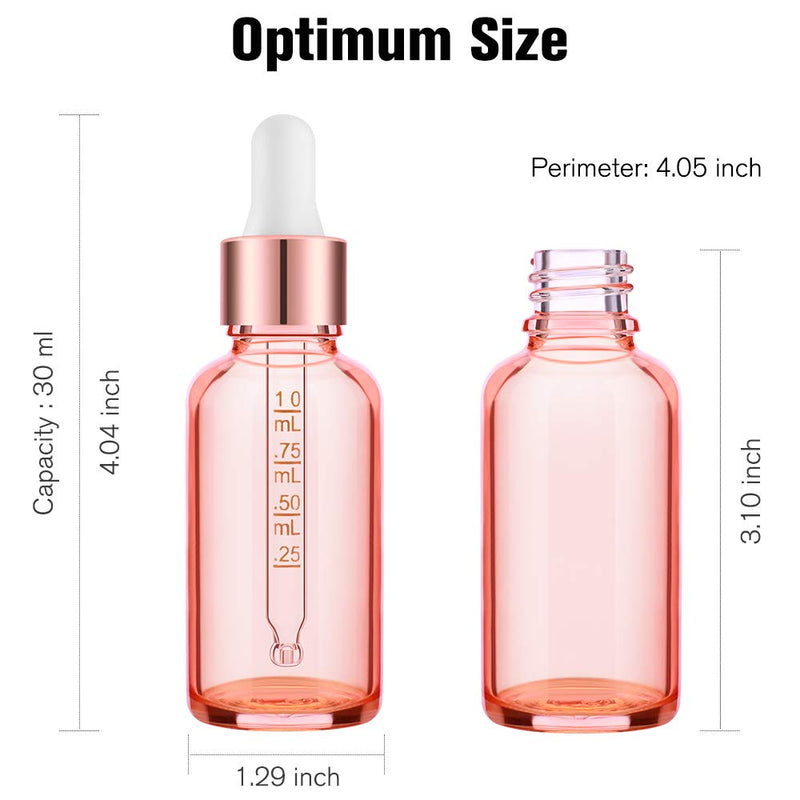 PrettyCare 4 Pack 1oz Eye Dropper Bottle Rose for Essential Oils with Measured Pipettes, 30ml Glass Bottles with Eye Droppers Tincture Bottles, Leak Proof Travel Bottles Pink