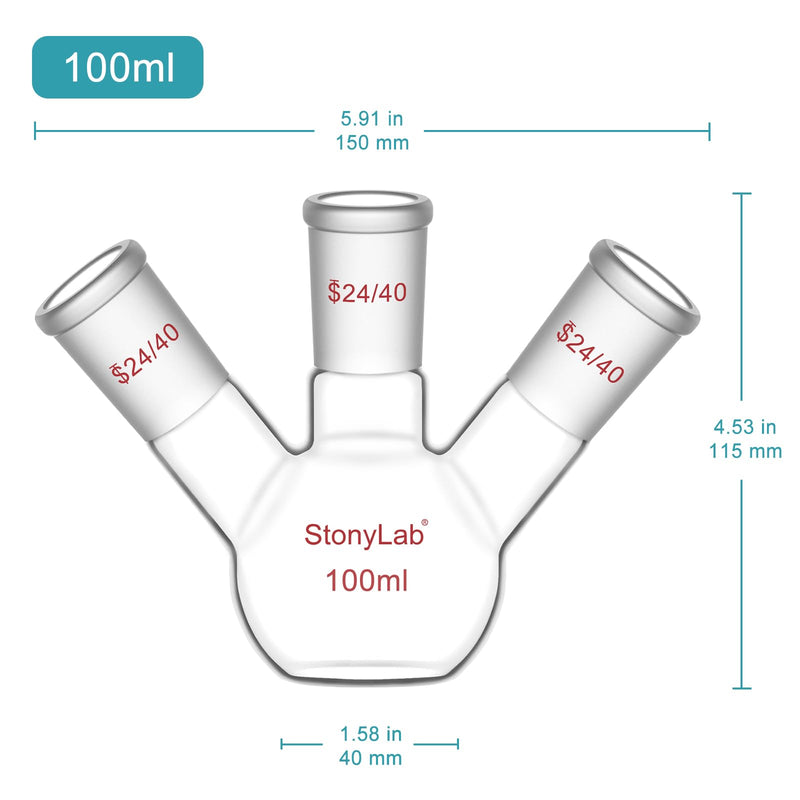 stonylab 3 Neck Flat Bottom Flask, High Borosilicate Glass, 24/40 Standard Taper Joint, Chemistry Laboratory Reaction Flask, 100 ml Capacity