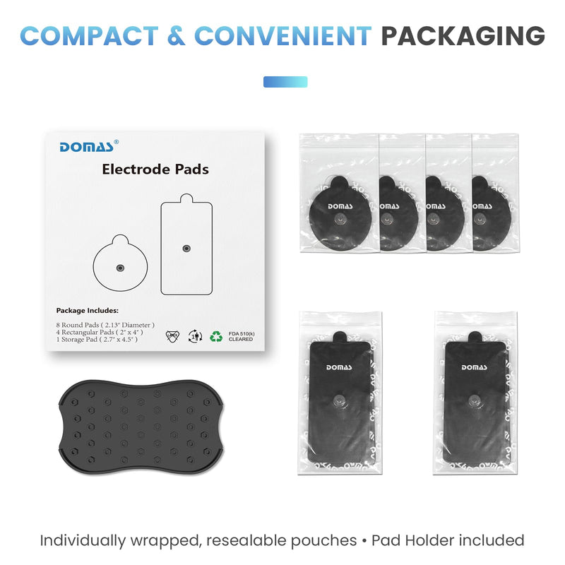 DOMAS TENS Electrode Pads (Compatible with PowerDot 2.0 Cable Connector), 12-Pad Set with Pad Holder, Reusable 2.1" Round & 2" x 4" Rectangular
