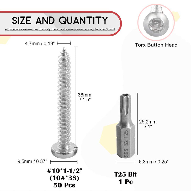 Hilitchi 50 Pcs #10 x 1-1/2” Stainless Steel Button Head Torx Sheet Metal Screws Security Silver Screws Anti-Theft Tamper Proof with Bit T25 #10 x 1 1/2"-50Pcs