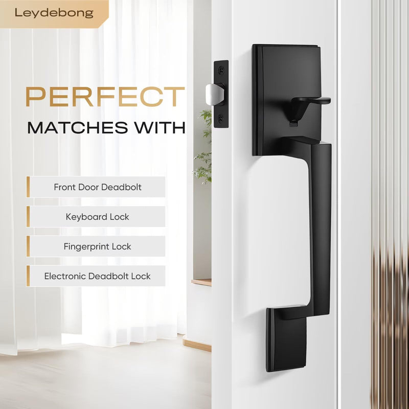 Leydebong Black Front Door Handle Set with Reversible Lever - Exterior Door Handle Set for Right or Left Handed Doors, No Lock Entry Lever, Matte Black Finish
