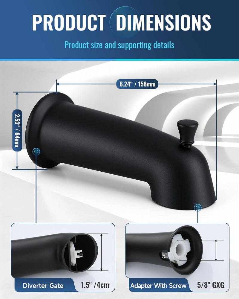 Slip On Bathtub Spout with Diverter, Extra Long 6 Inch Bathtub Spigot, Shower Spout with PTFE Tape & Hex Wrench, Fits for 1/2" IPS Threads,Matte Black Matte Black