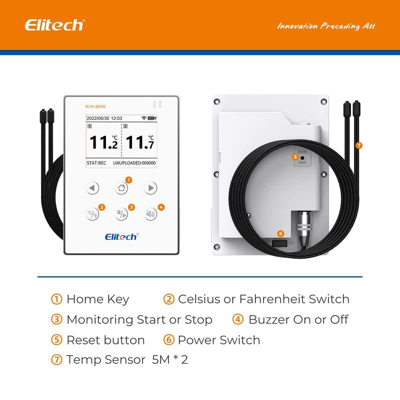 Elitech Wireless Digital Data Logger Remote Real-Time Temperature Monitor Cloud Data Storage SMS/Email/APP/Web Alarm, WiFi Dual External Temp Probe, RCW-800W-TDE(-40~176℉) with Free Cloud Service Support 2.4GHz/5GHz WiFi 1