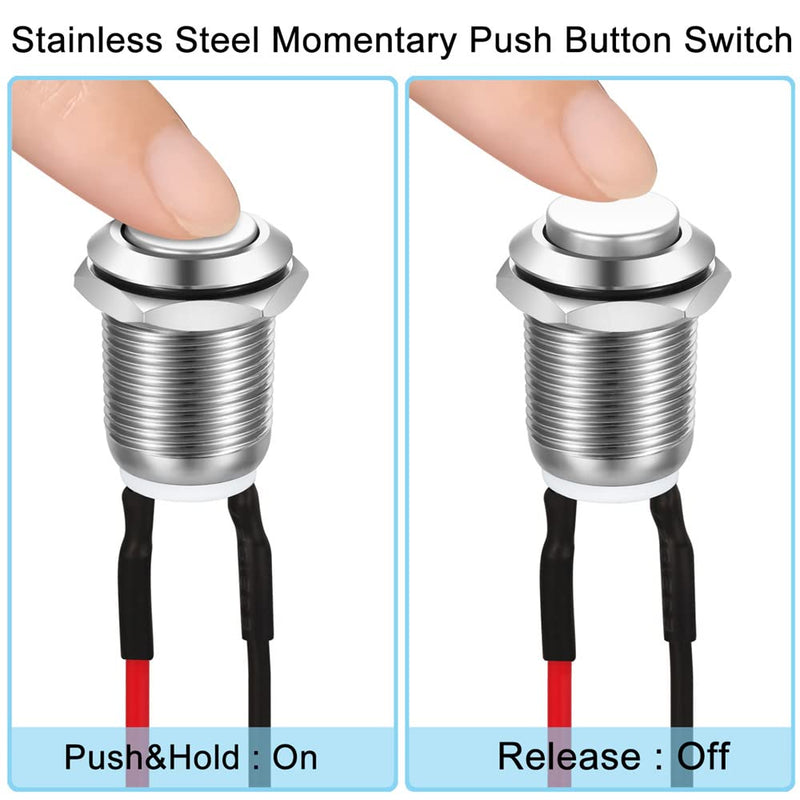 5pcs 12mm 2A 12V/24V/125V/250V AC Prewired Waterproof Push Button Momentary Stainless Steel Push Button On Off (High Head) SS-Momentary(High head)