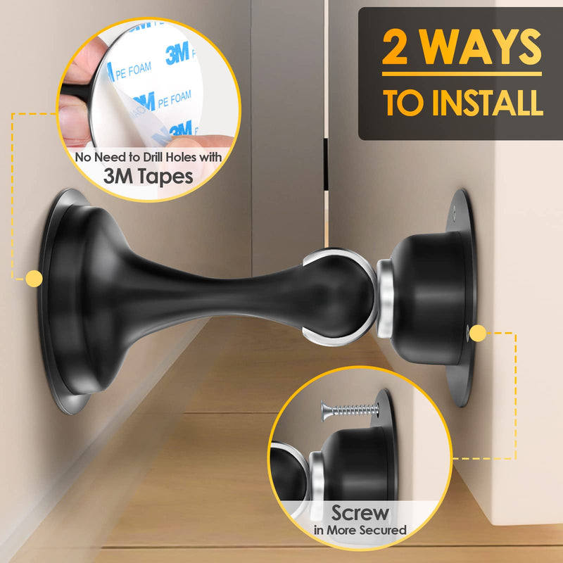 Door Stoppers Magnetic Door Catch - 2 Pack Stainless Steel Heavy Duty Door Holder Stops for Bottom Top of Door - Wall Floor Mounting No Drill 3D Adhesive & Screws Strong Magnet Keep Door Open 2 Pack-Black